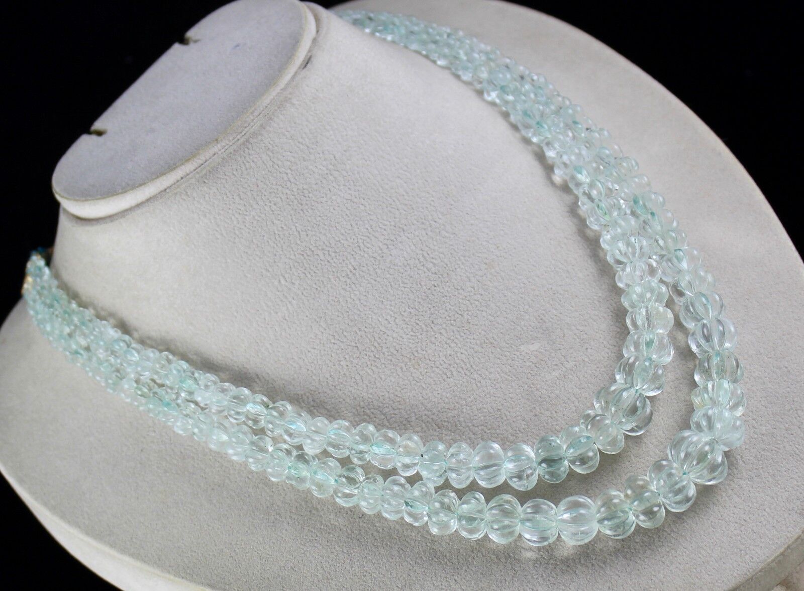 NATURAL AQUAMARINE BEADS CARVED 2 LINE 545 CARATS LADIES GEMSTONE MELON NECKLACE