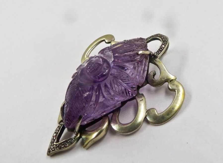 NATURAL PURPLE AMETHYST CARVED GEMSTONE DIAMOND STUDDED SILVER PENDANT