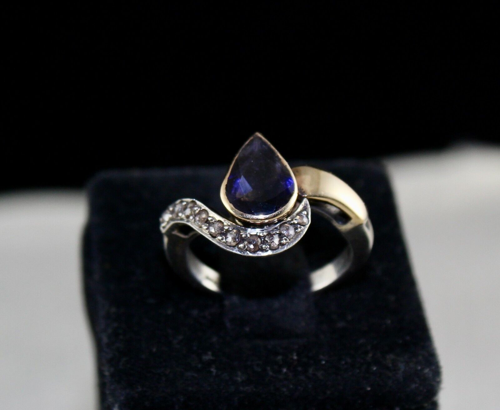 OLD NATURAL BLUE IOLITE PEAR CUT DIAMOND 18K GOLD SILVER VICTORIAN WOMEN RING