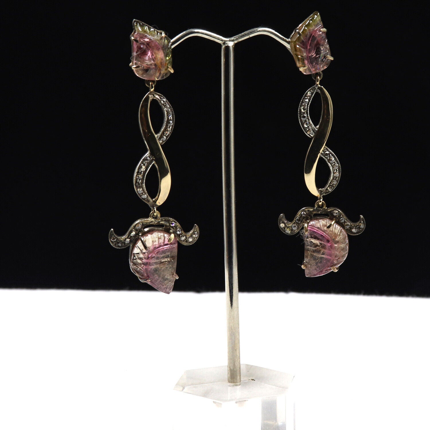 NATURAL BI COLOR TOURMALINE CARVED DIAMOND 18K GOLD 925 SILVER VICTORIAN EARRING