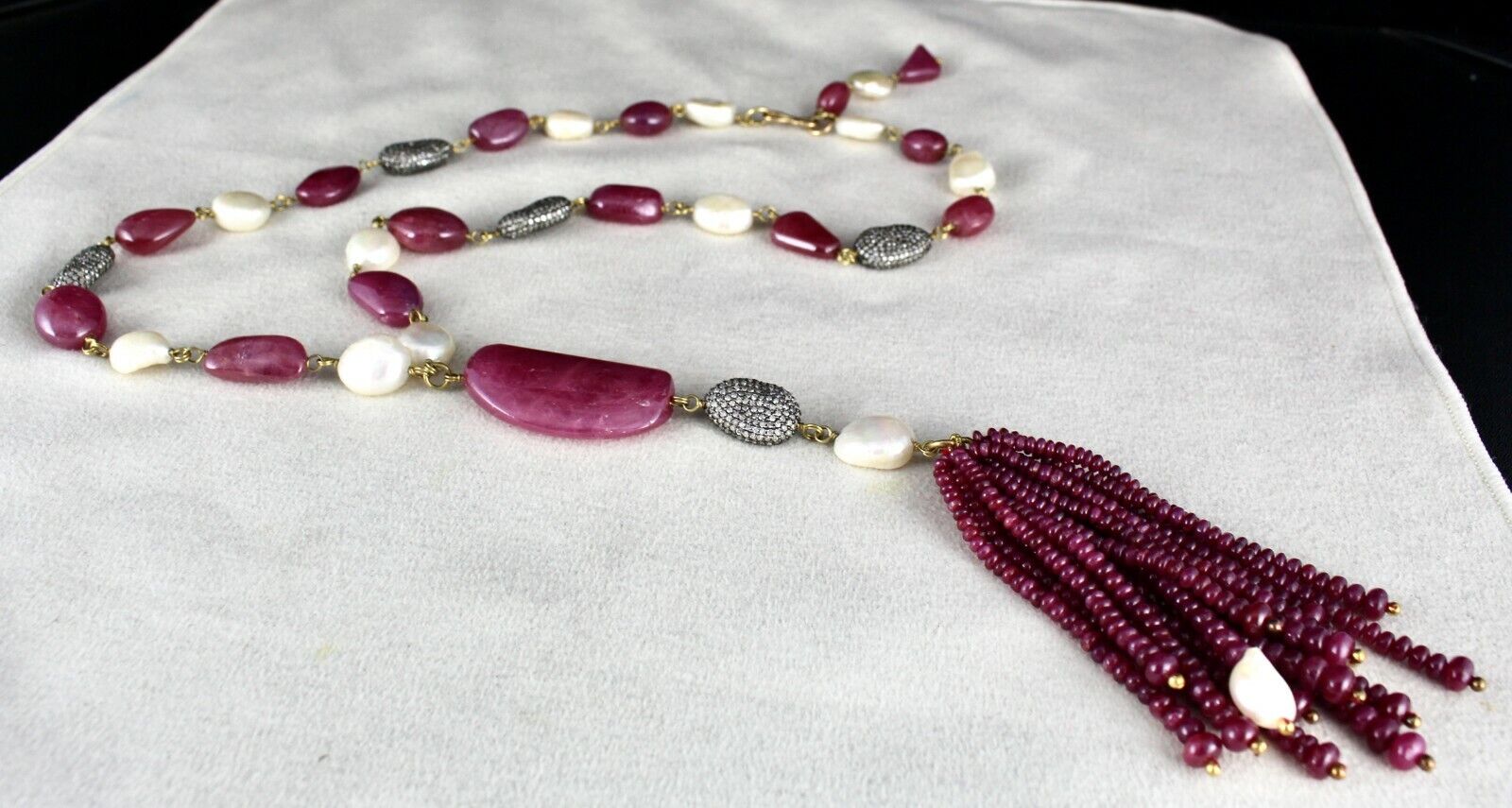 Certified Natural RUBY Nugget PEARL DIAMOND Bead Statement Necklace 18K Gold Set