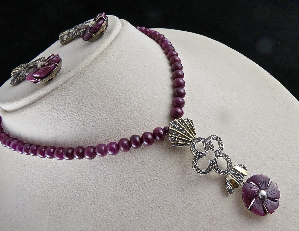 Vintage Natural Ruby Carved Diamond Gold Silver Victorian Pendant Earring Set