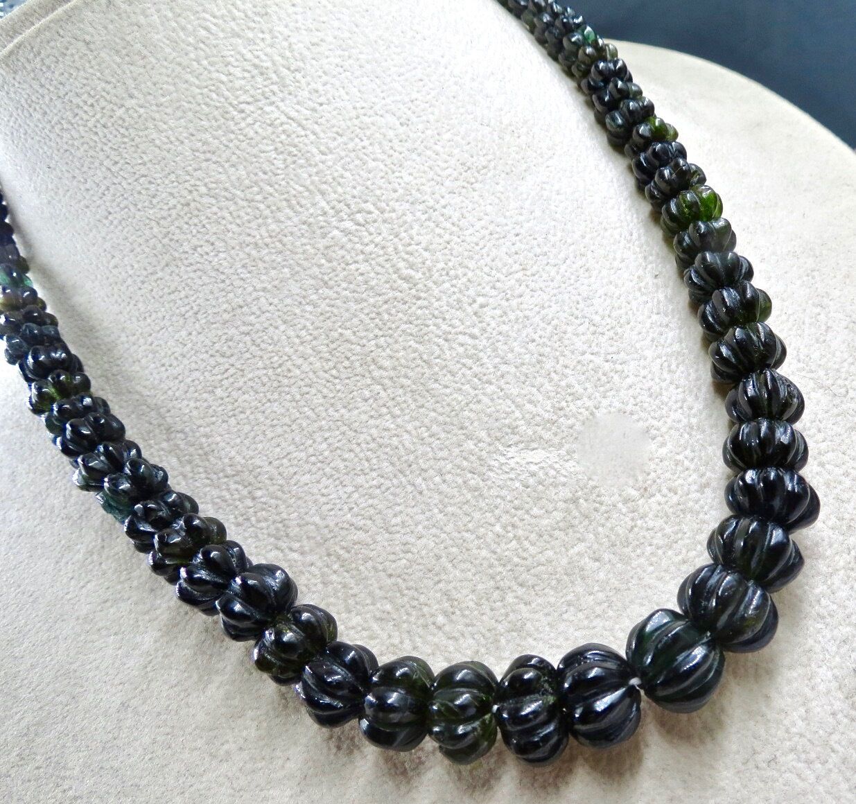 NATURAL BLACK TOURMALINE BEADS CARVED MELON 285 CARATS GEMSTONE SILVER NECKLACE