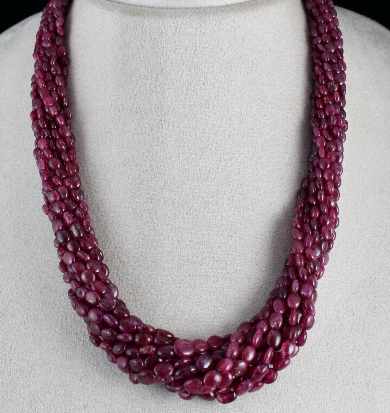 RUBY CORUNDUM BEADS LONG 11 LINE 850 CARATS OLD DYED GEMSTONE SILVER NECKLACE