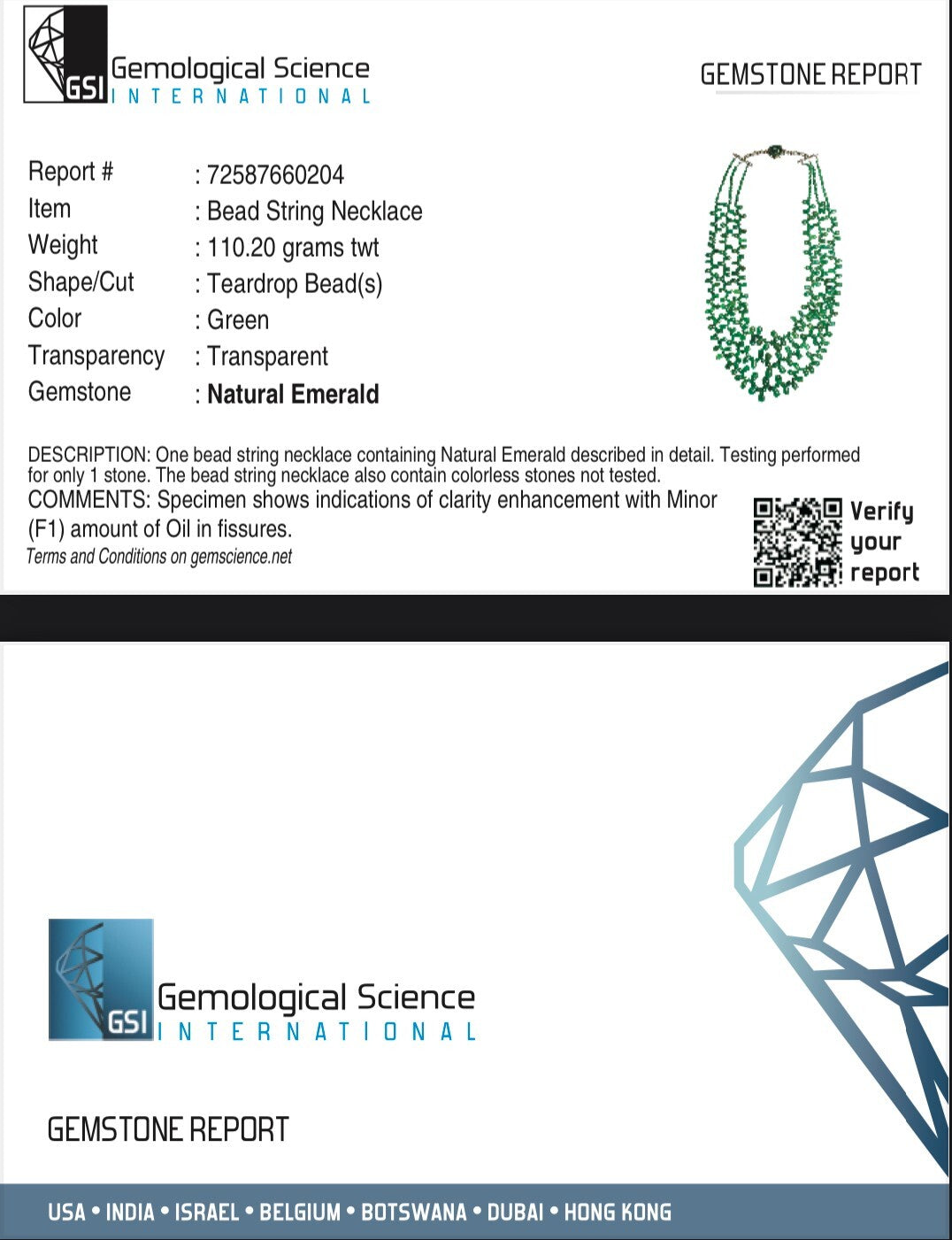 Certified Natural Emerald Diamond 552ct Teardrop Bead Necklace