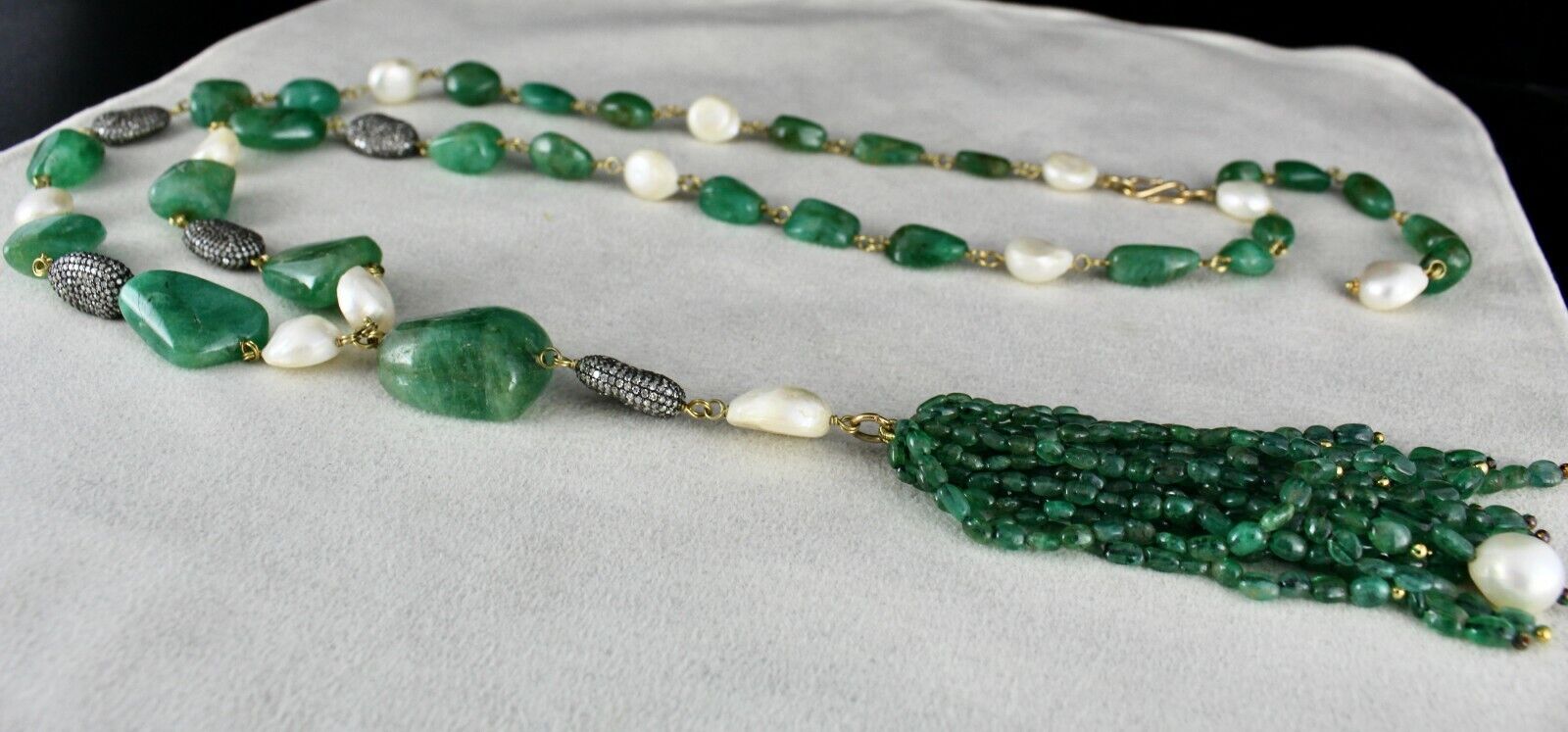 ESTATE NATURAL EMERALD TUMBLE BEADS DIAMOND PEARL 18K GOLD NECKLACE EARRING SET