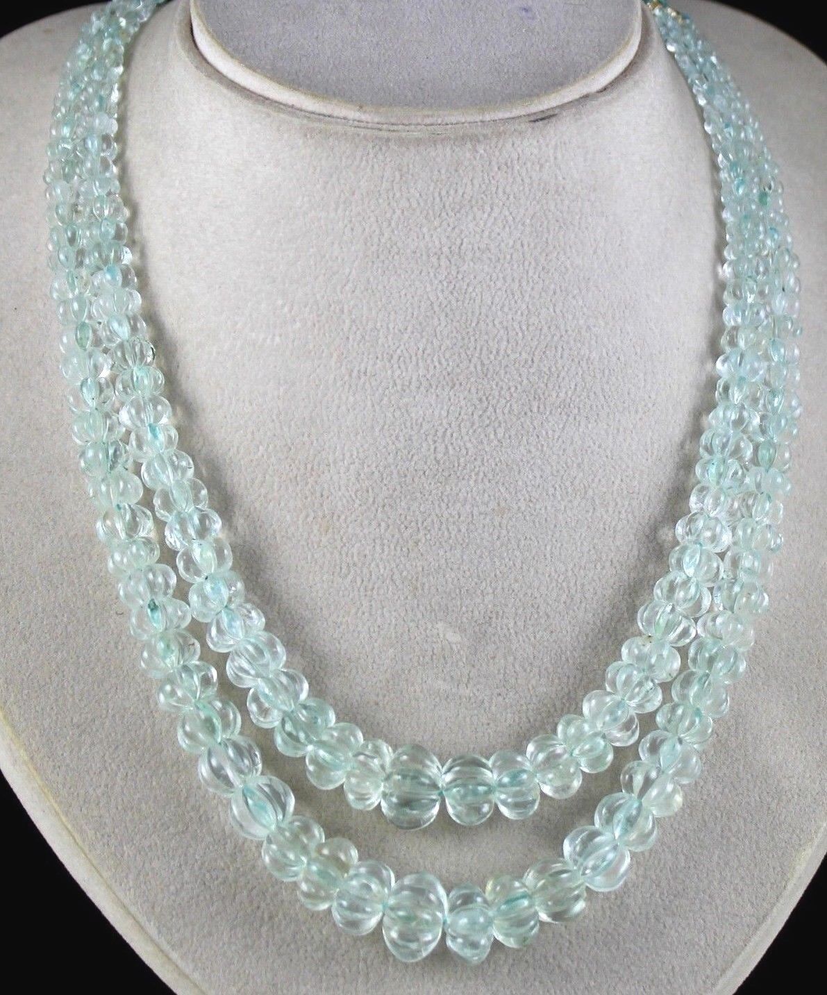 NATURAL AQUAMARINE BEADS CARVED 2 LINE 545 CARATS LADIES GEMSTONE MELON NECKLACE