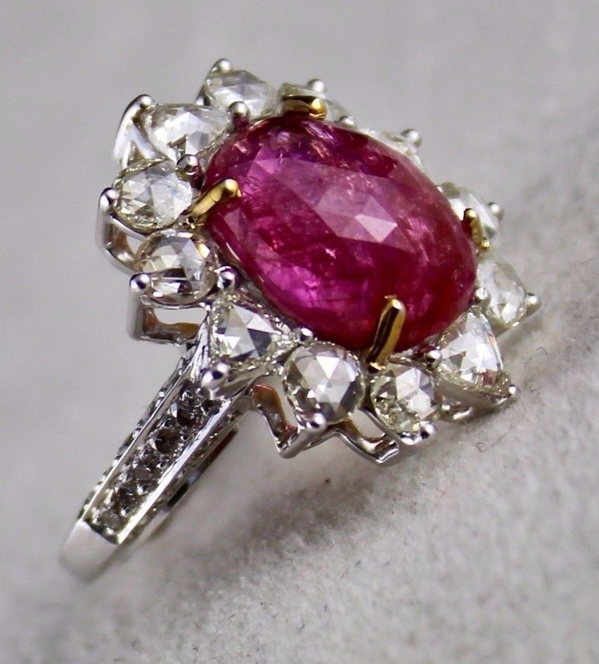 NATURAL BURMESE RUBY CABOCHON GEMSTONE DIAMOND 18K WHITE GOLD STATEMENT RING