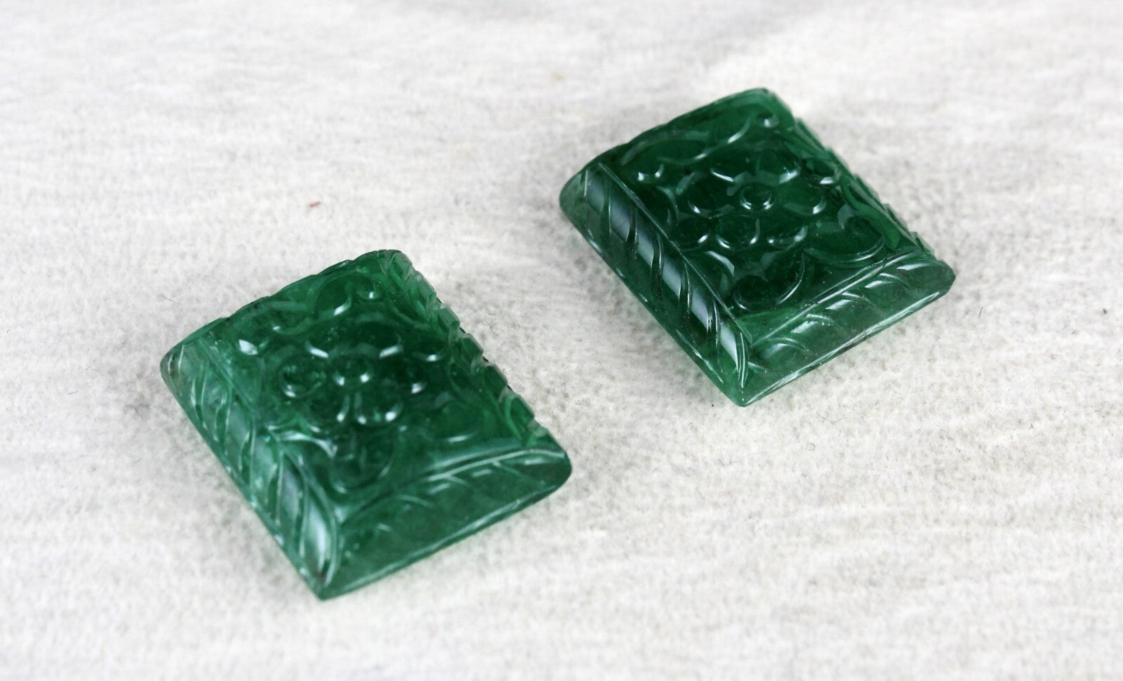 Certified Natural Emerald Mughal Carved 20x18mm 65.45ct Gemstone Earrings Pair