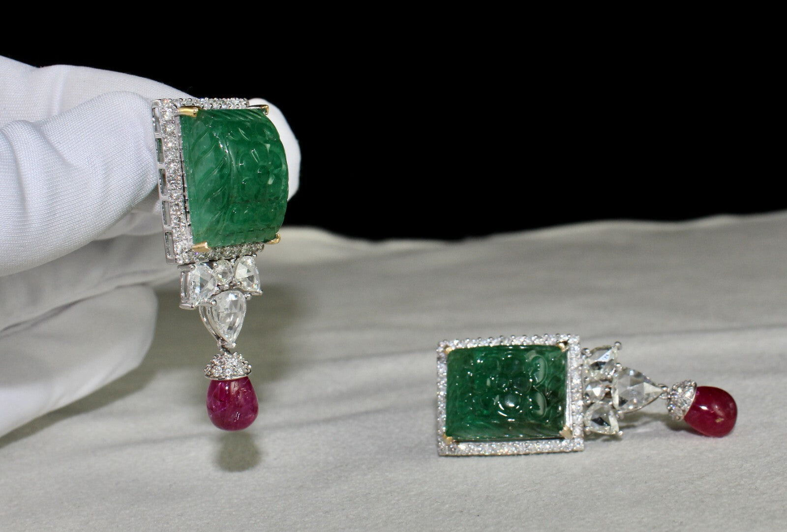 Certified 18k Gold Natural Zambia Emerald 119.2ct Ruby Diamond Earrings