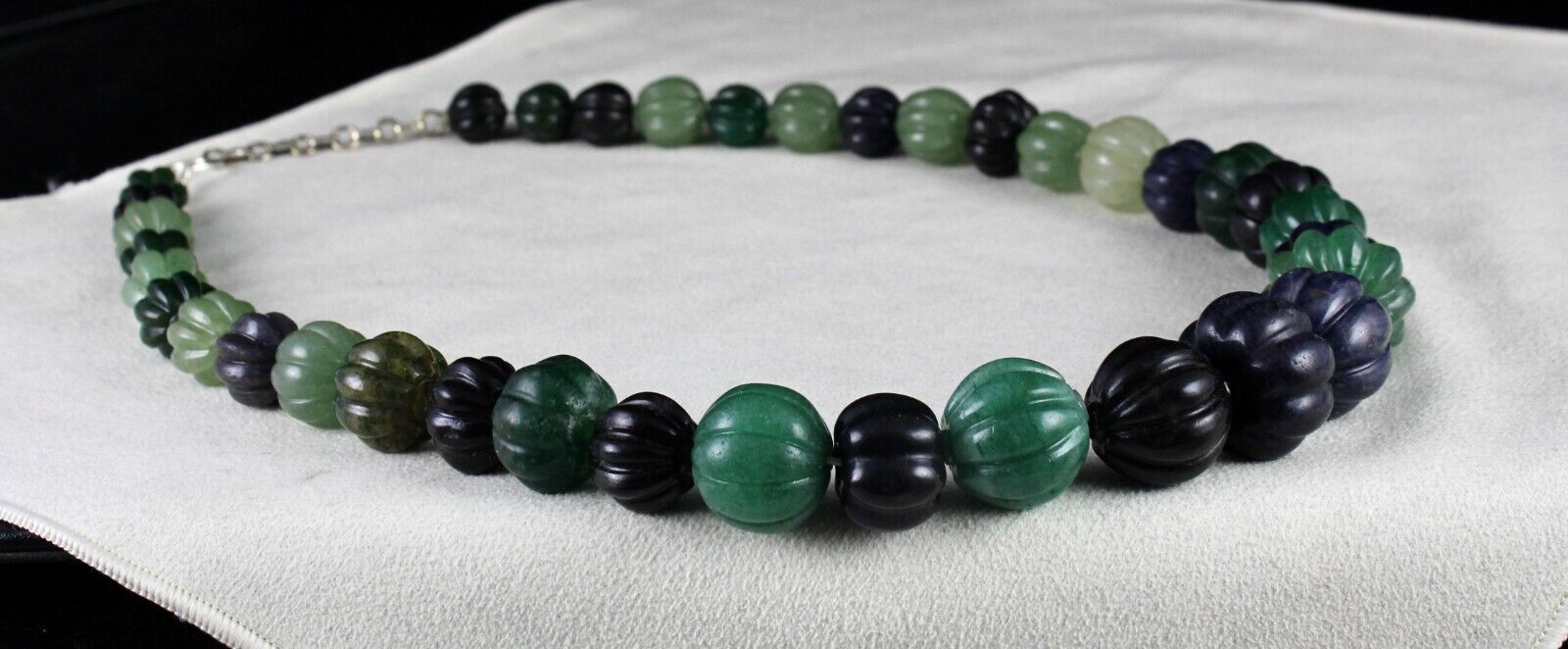 Natural Multi Jade Melon Carved Beads 960 Ct Blue Green Gemstone Silver Necklace