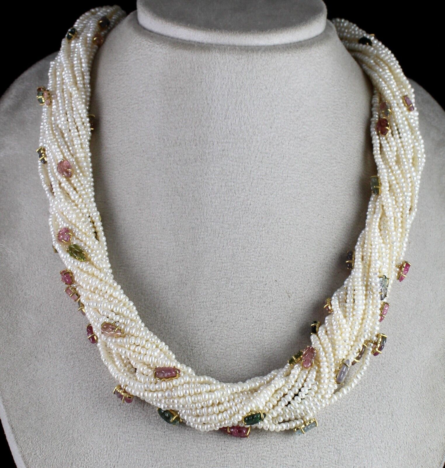 Unique Pearl Bead Natural Tourmaline Carved Leaf 972 Ct Silver Designer Necklace