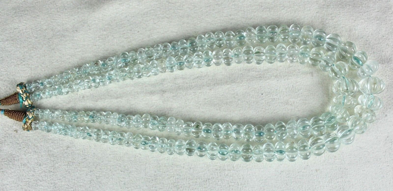 NATURAL AQUAMARINE BEADS CARVED 2 LINE 545 CARATS LADIES GEMSTONE MELON NECKLACE