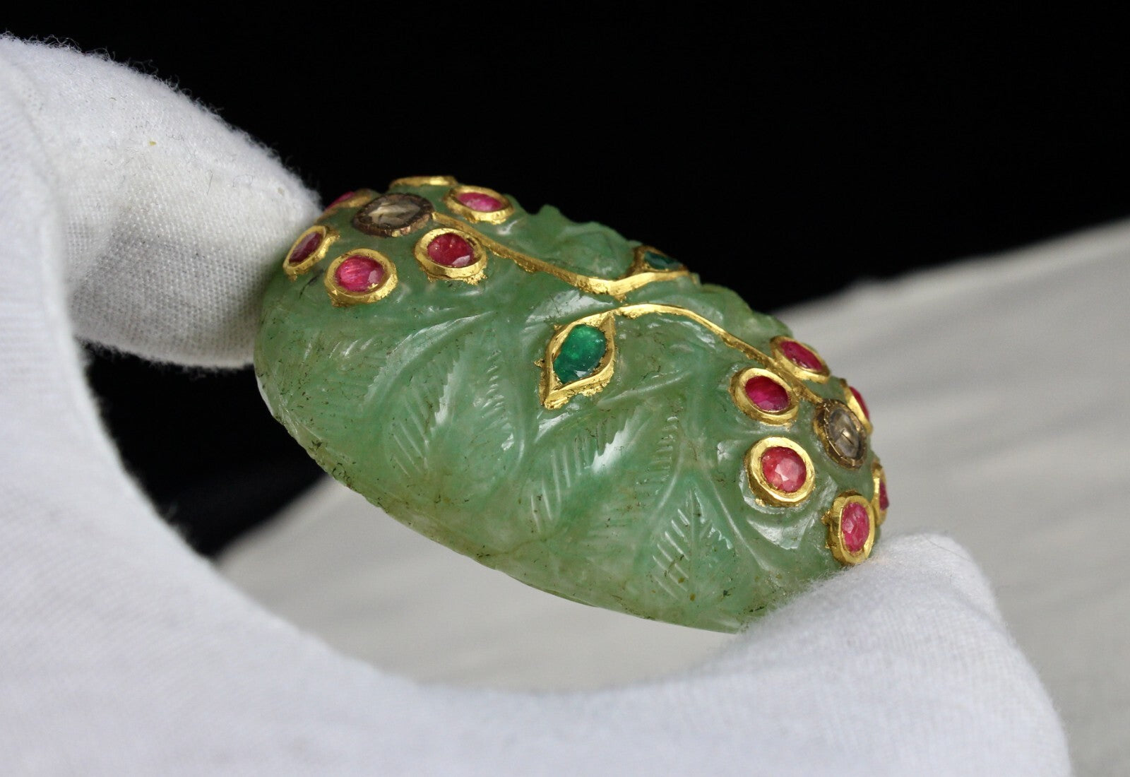 Certified Mughal Emerald Quartz 10ct Carved Natural Diamond Ruby Gold Pendant