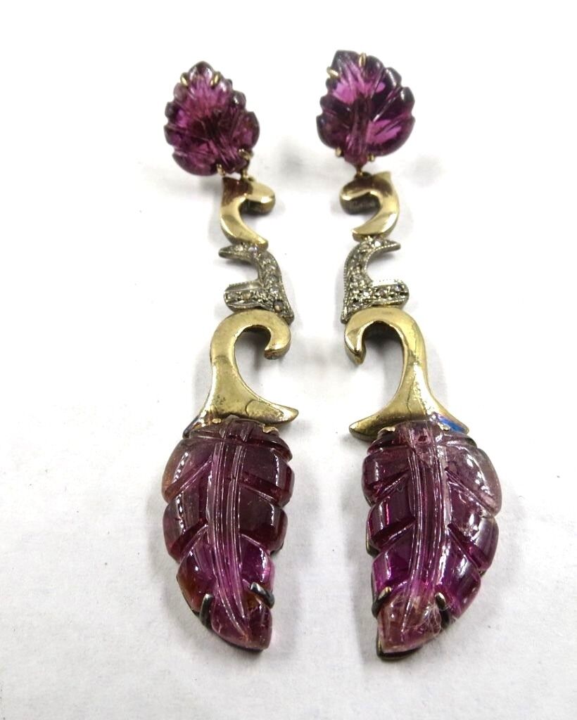 Estate Pink Tourmaline Carved Diamond 18K Gold Silver Victorian Dangle Earring