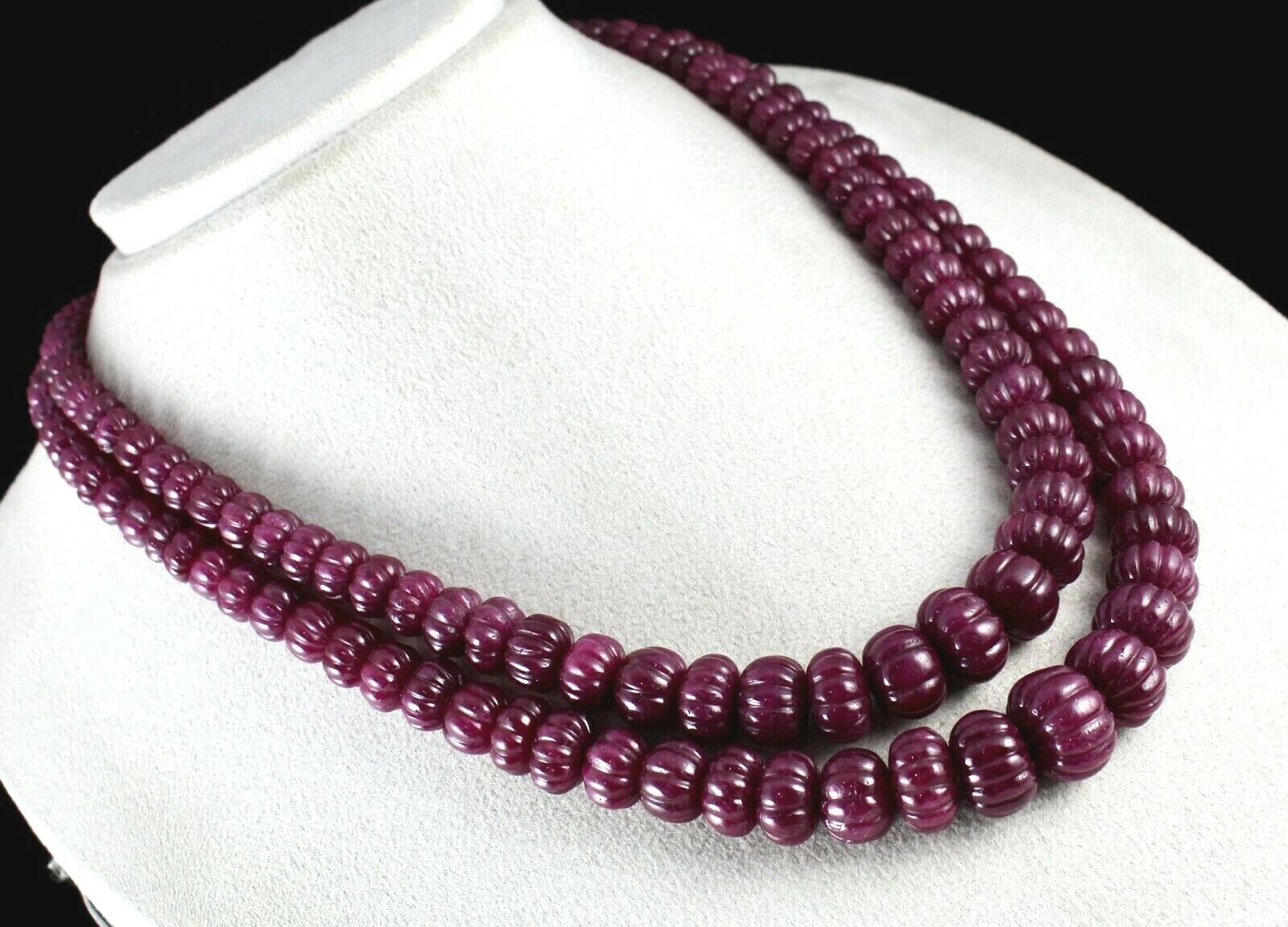 NATURAL UNTREATED RUBY BEADS CARVED MELON 2 LINE 1325 CARATS GEMSTONE NECKLACE