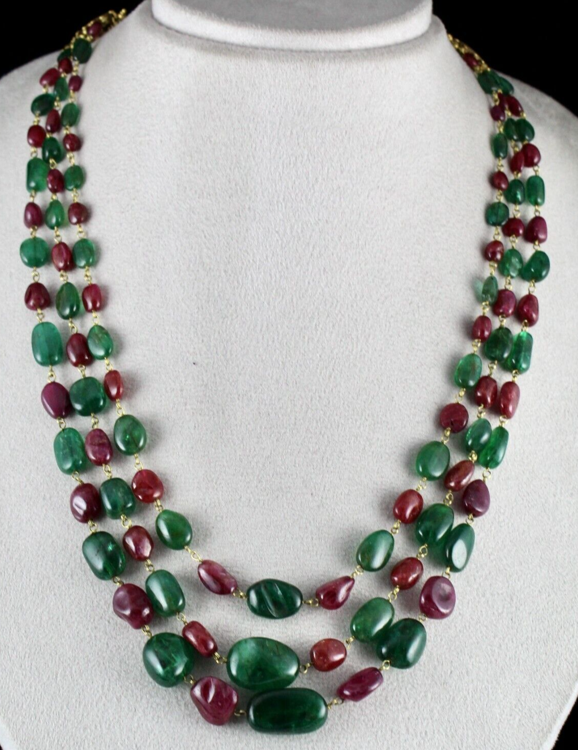 Certified Antique 18k Gold Natural Emerald Burma Ruby Beads Necklace 587 Ct