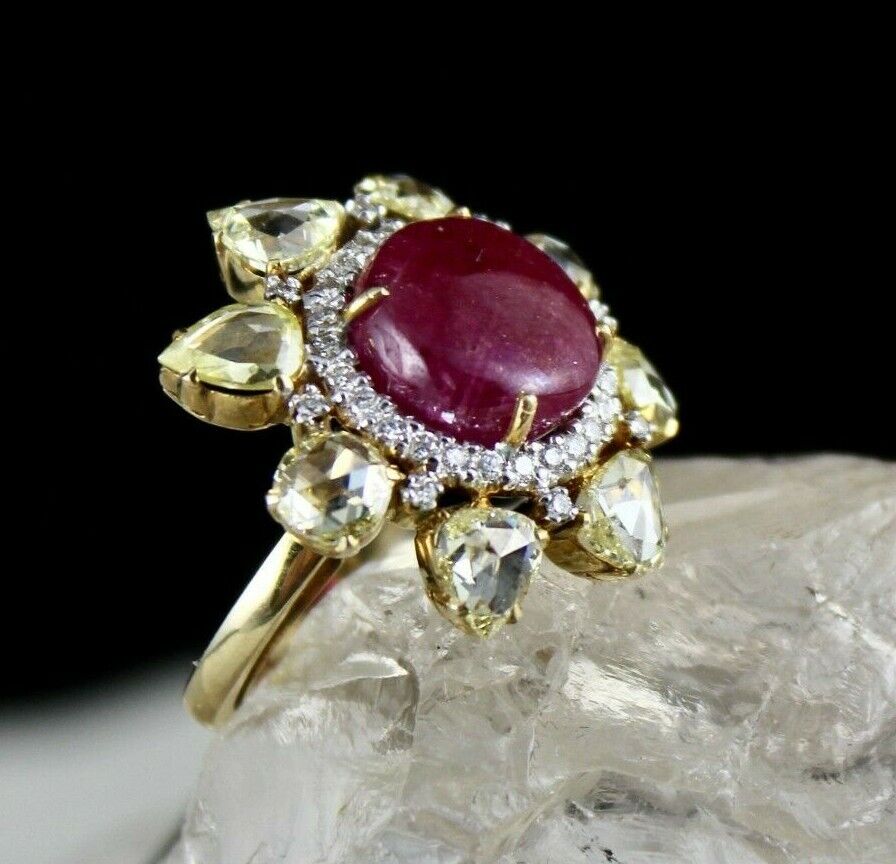 NATURAL UNHEATED BURMA RUBY CABOCHON YELLOW ROSE CUT DIAMOND 18K GOLD FINE RING