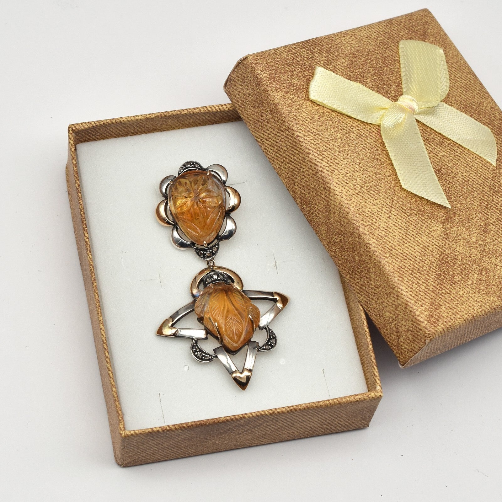 Vintage Yellow Citrine 72.5ct Natural Diamond 18k Gold Sterling Silver Pendant