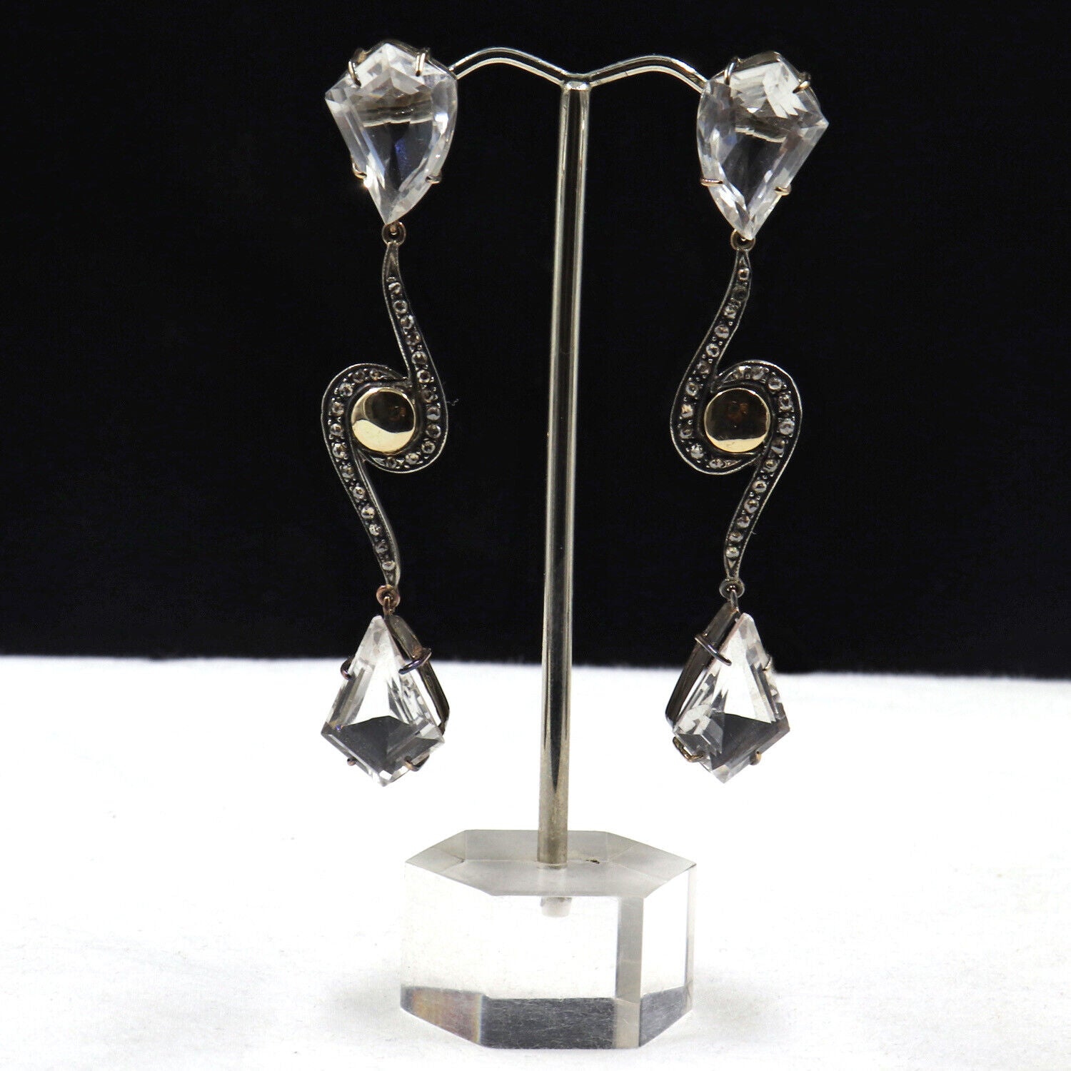 NATURAL ROCK CRYSTAL QUARTZ CARVED DIAMOND 18K GOLD 925 SILVER VICTORIAN EARRING
