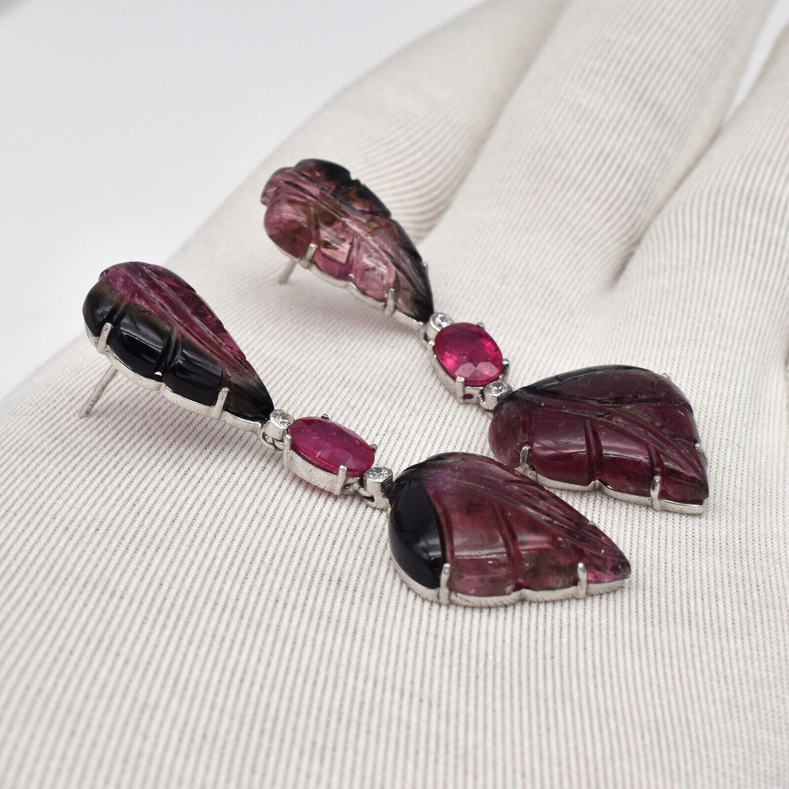 Gemstone Silver Dangle Earring Natural Tourmaline Carved Ruby Mossianite Cut
