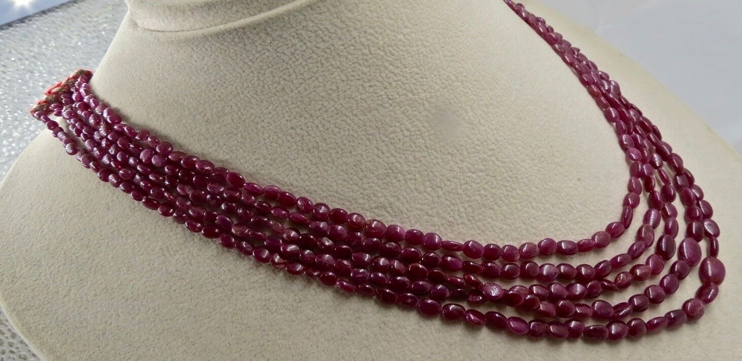 UNHEATED NATURAL RUBY BEADS LONG 5 LINE 188 CARATS GEMSTONE BEADED NECKLACE
