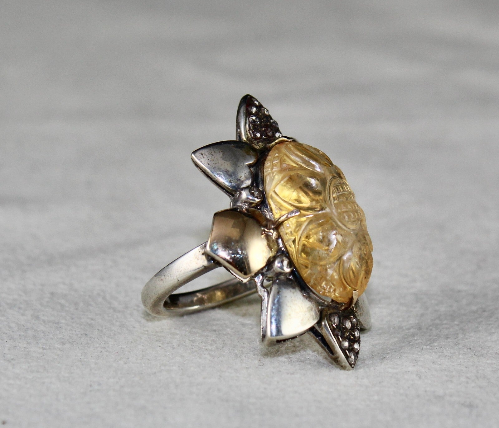 Antique Yellow Citrine 66.2ct Natural Diamond 18k Gold 925 Silver Victorian Ring