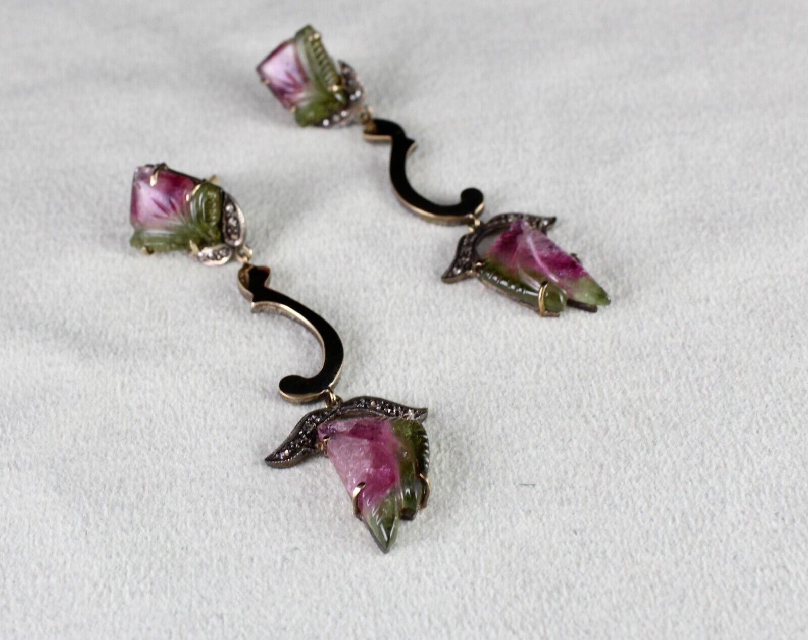 NATURAL MULTI TOURMALINE GEMSTONE DIAMOND 18K GOLD 925 SILVER VICTORIAN EARRING