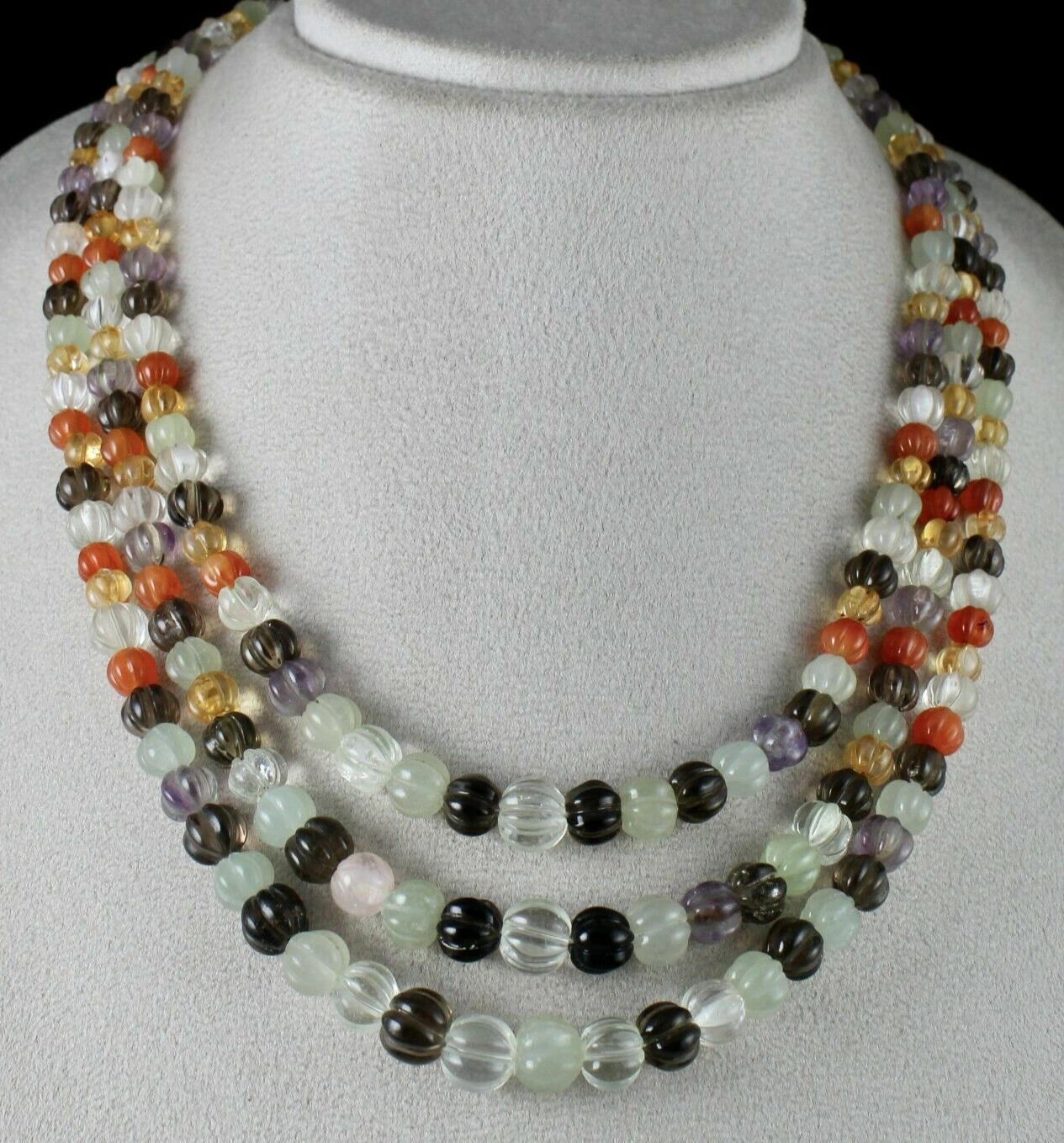 Classic Multi Natural Semi Precious 588 Ct Carved Melon Beaded Necklace 3 Line