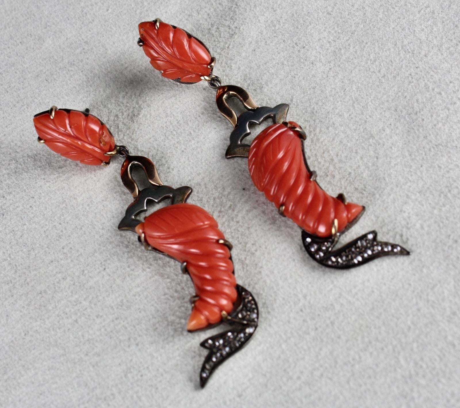 Estate Victorian Natural Red Coral 10ct Natural Diamond Sterling Silver Earrings