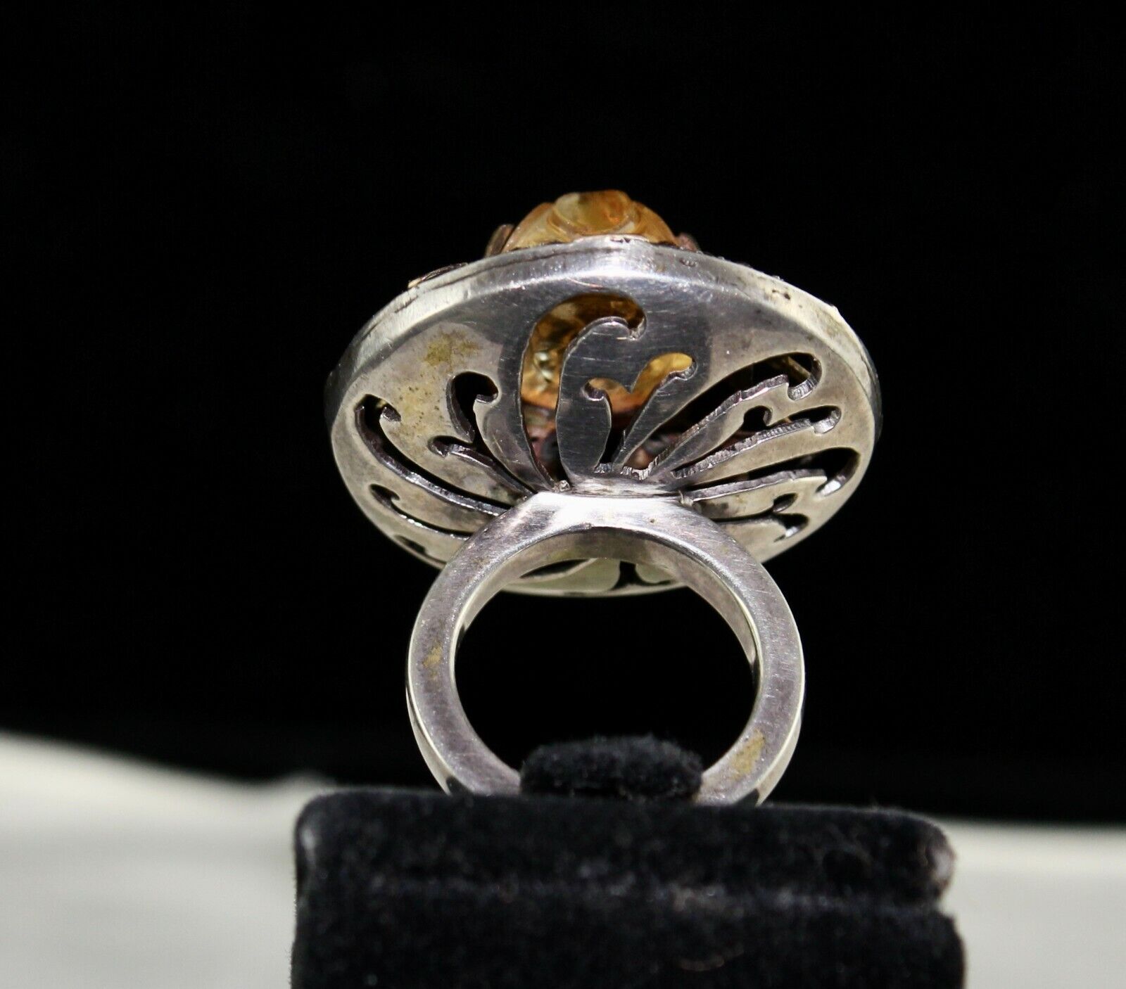 Antique Yellow Citrine Carved Diamond 18k Gold 925 Silver Ladies Victorian Ring