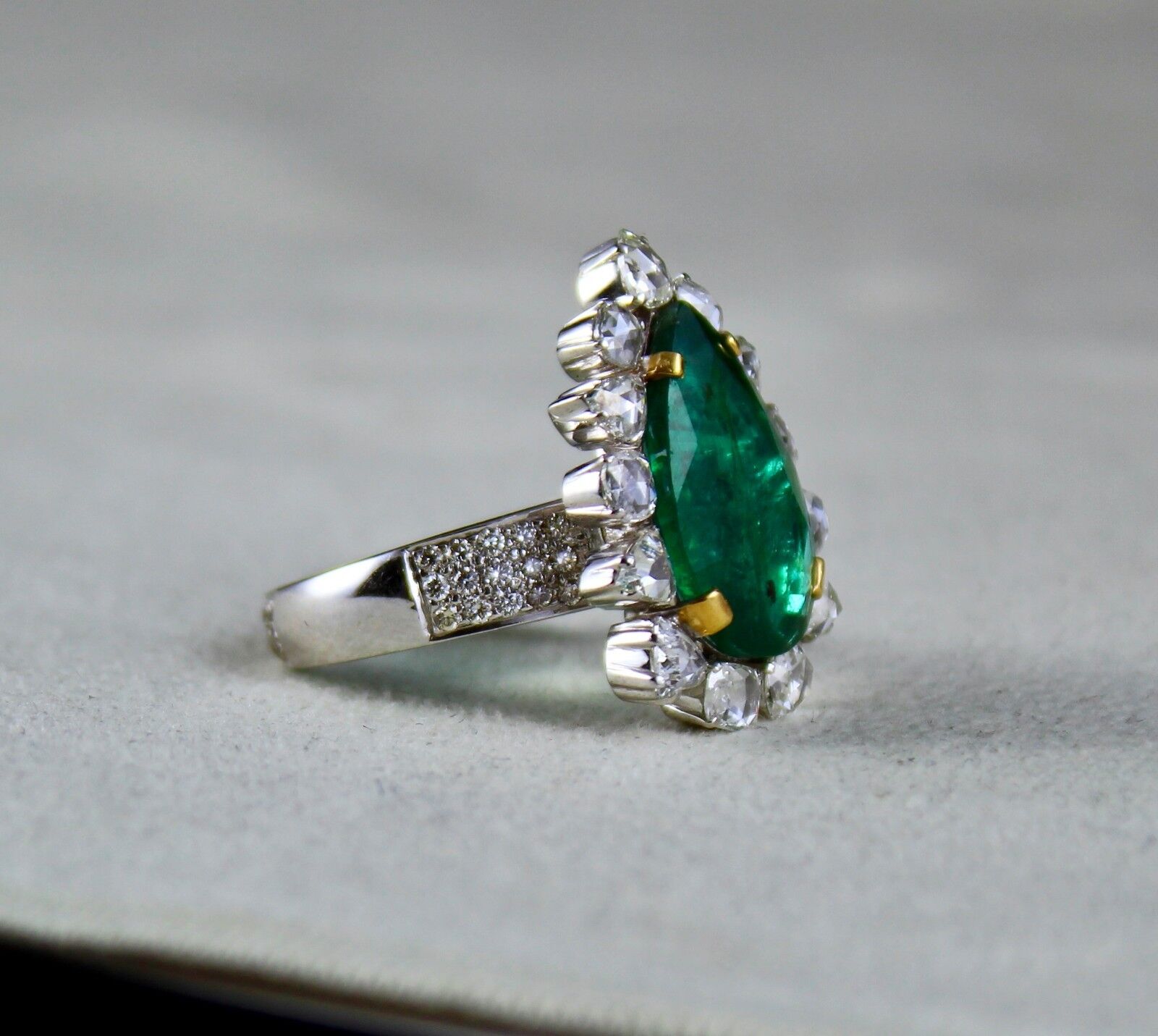 Natural Zambian Emerald Pear Cut Rose Cut Diamond 18K Gold Cocktail Ring