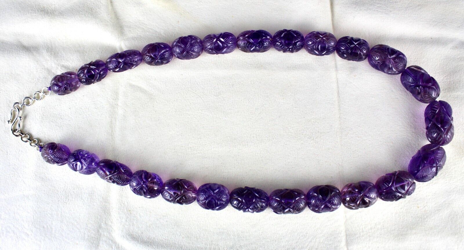 NATURAL AMETHYST ENGRAVED BEADS 955 CT PURPLE GEMSTONE SILVER VINTAGE NECKLACE