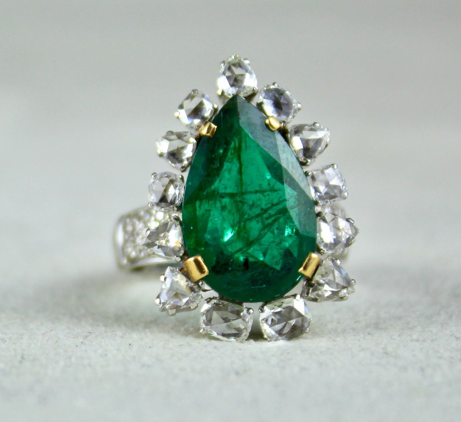 Natural Zambian Emerald Pear Cut Rose Cut Diamond 18K Gold Cocktail Ring