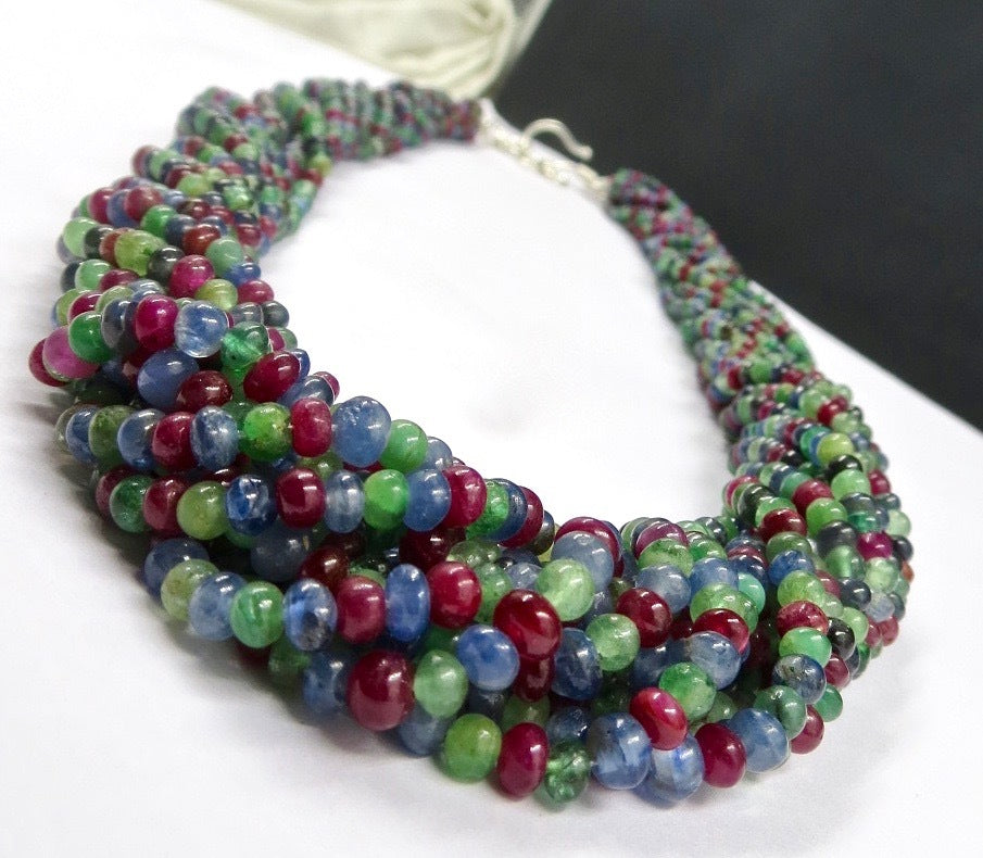Certified Natural Emerald Ruby Sapphire Beads Necklace Multi Round 604ct 12l