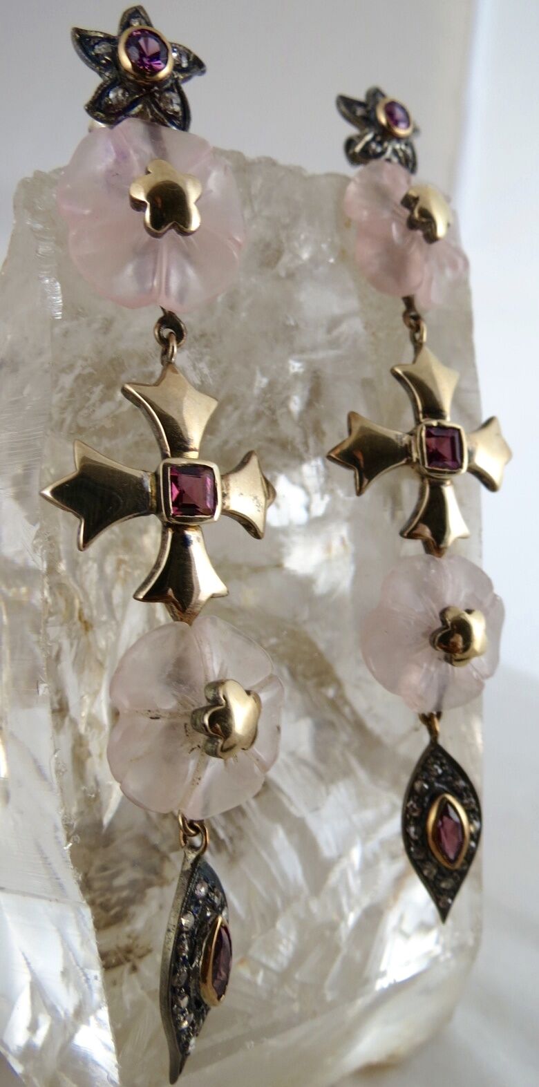 Natural Rose Quartz Carved Garnet Diamond 18K Gold 925 Silver Victorian Earring