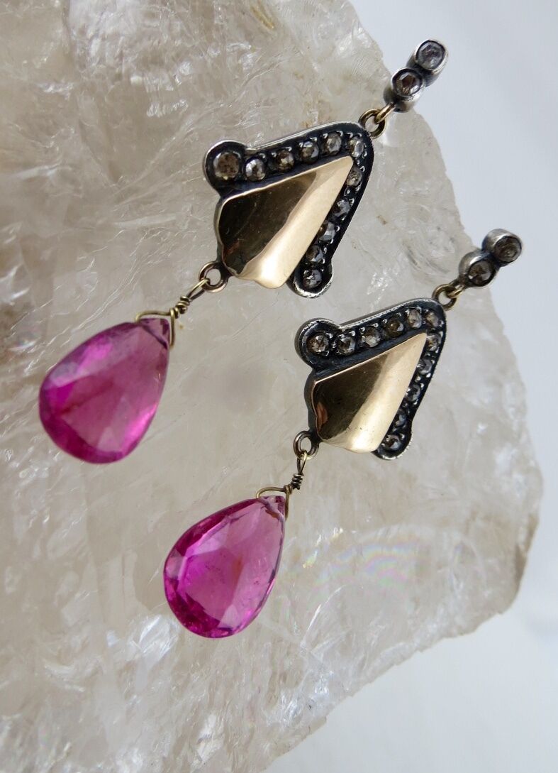 Silver Victorian Dangle Earring Studded Natural Pink Tourmaline Diamond 18k Gold