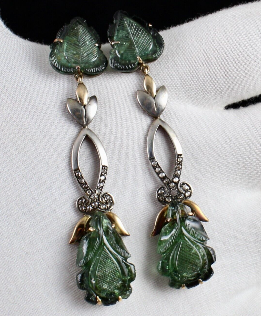 Natural Green Tourmaline Stone Diamond 18k Gold Silver Dangle Victorian Earring