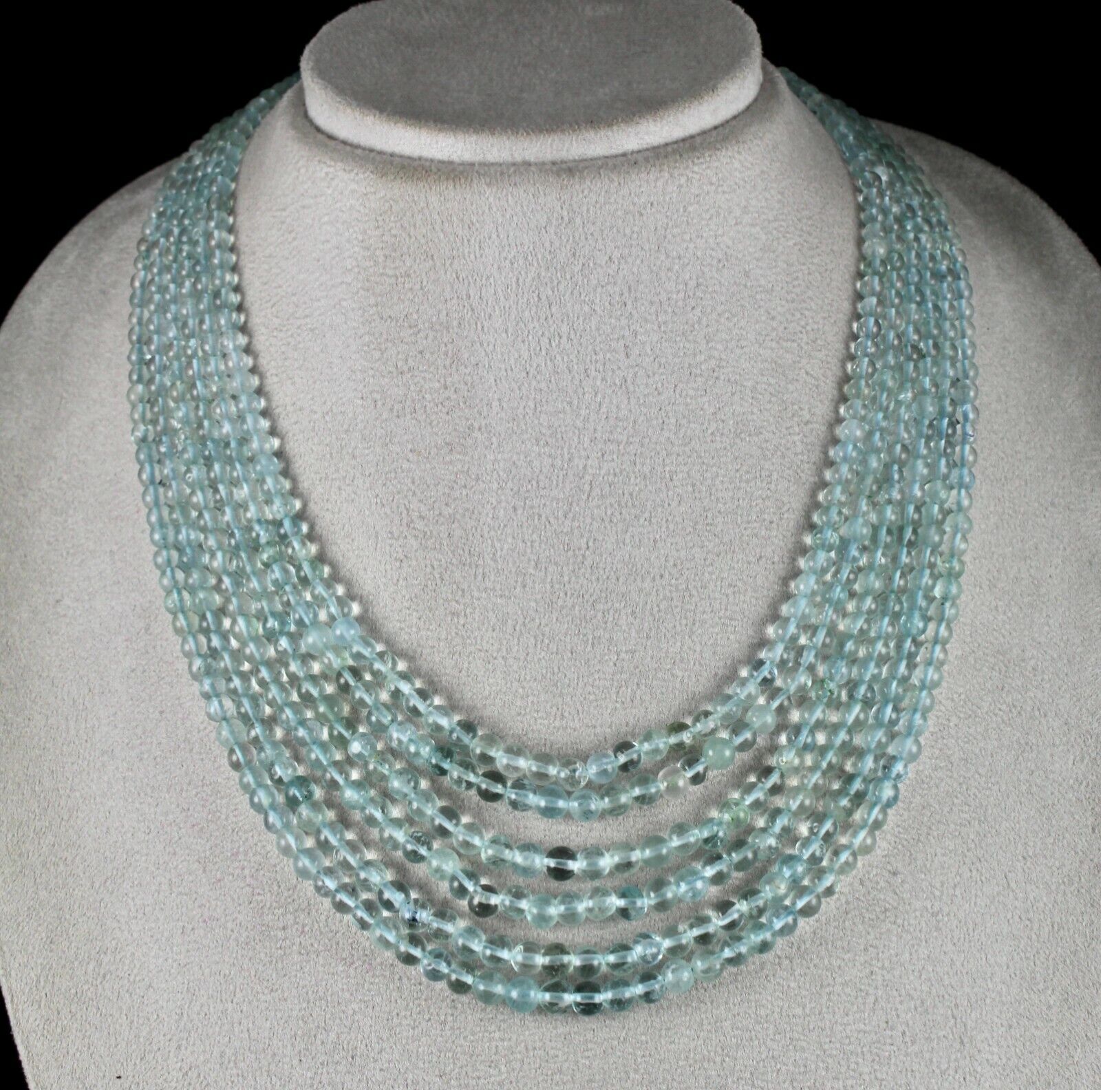 NATURAL BLUE AQUAMARINE BEADS ROUND 6 STRING 488 CTS GEMSTONE FINE NECKLACE