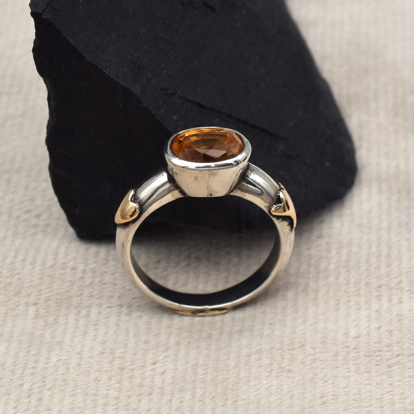 Vintage Victorian Unisex Yellow Citrine 35ct Ring 18k Gold 925 Silver