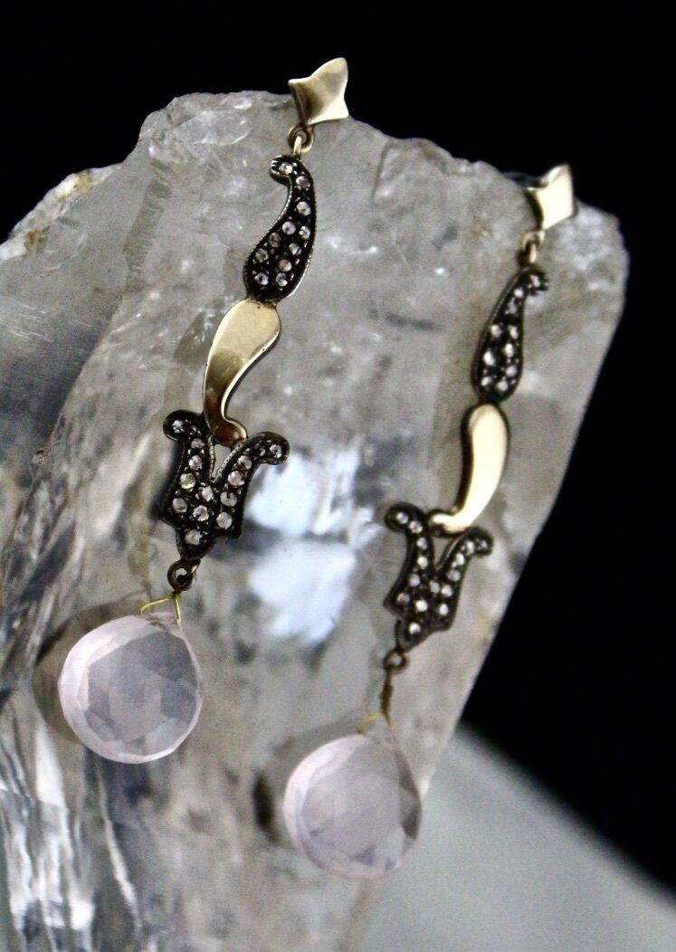 NATURAL ROSE QUARTZ TEAR DROPS DIAMOND 18K GOLD 925 SILVER VICTORIAN EARRING