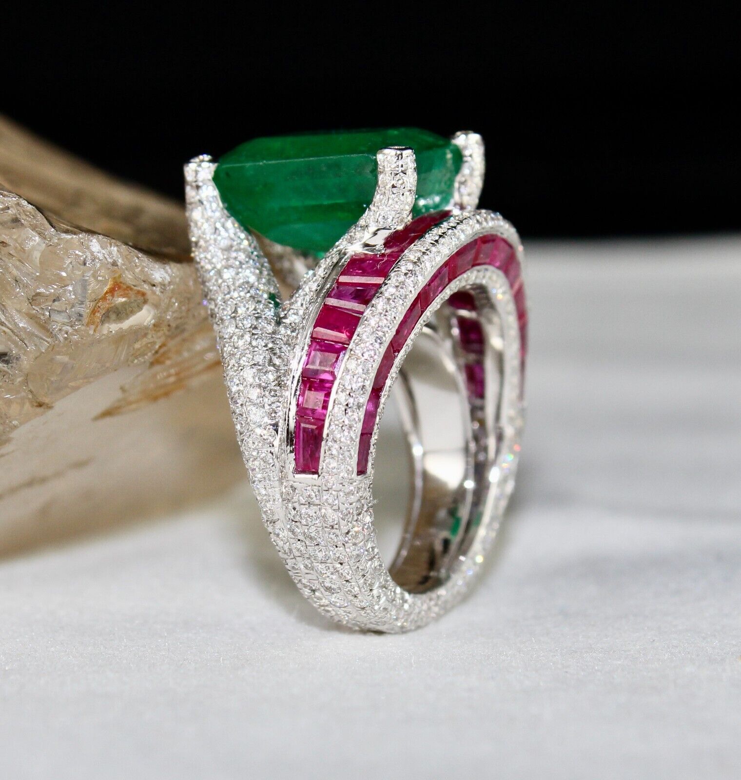 Zambia Emerald Octagon Ruby Cut Diamond Cocktail Ring, 18K Gold Statement Ring