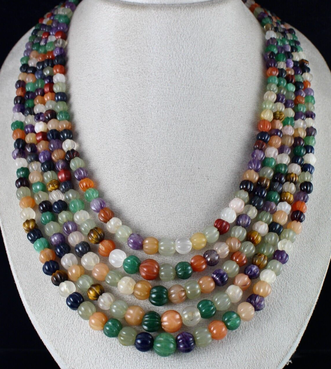 Vintage Multi Natural Semi Precious Carved Melon Beads Necklace 1360 Ct