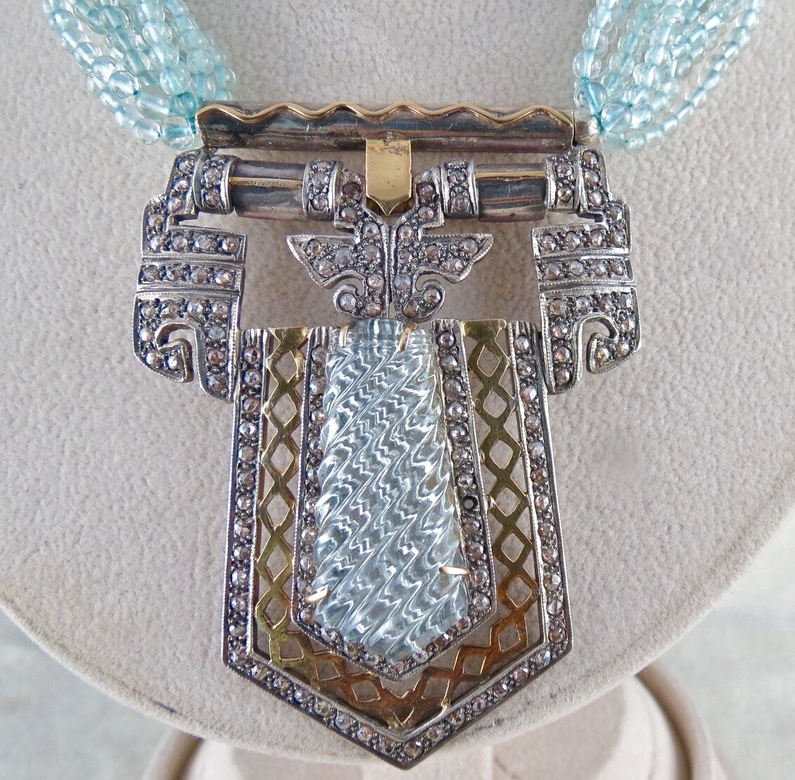 BLUE AQUAMARINE STONE & BEADS DIAMOND GOLD SILVER VICTORIAN EARRING PENDANT SET