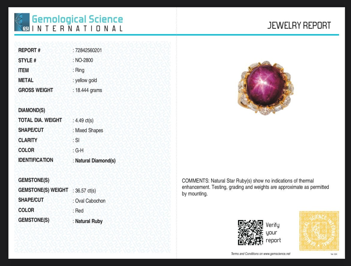 Certified Ruby Star 36.57 Ct Natural Diamond 18k Gold Cocktail Ring 94.25 Ct