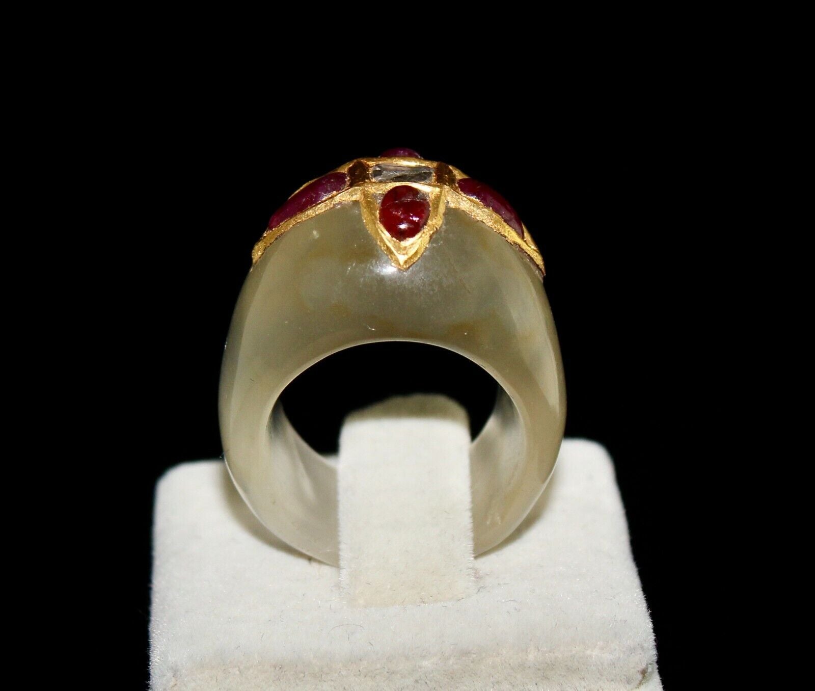 ANTIQUE YELLOW CHALCEDONY GEMSTONE RUBY DIAMOND 22K GOLD CLASSIC STONE RING
