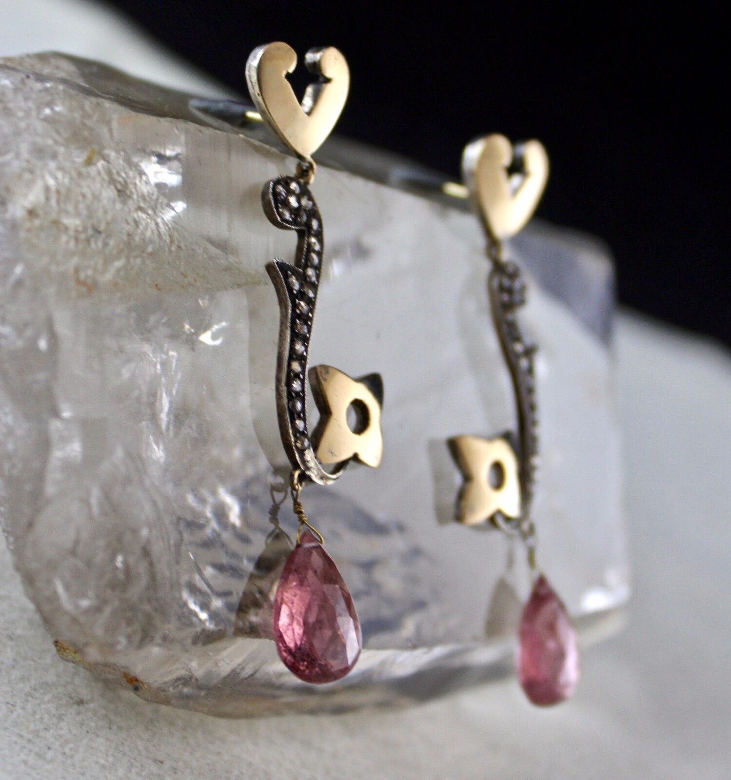 Natural Pink Tourmaline Pear Diamond 18K Gold 925 Silver Victorian Fine Earring