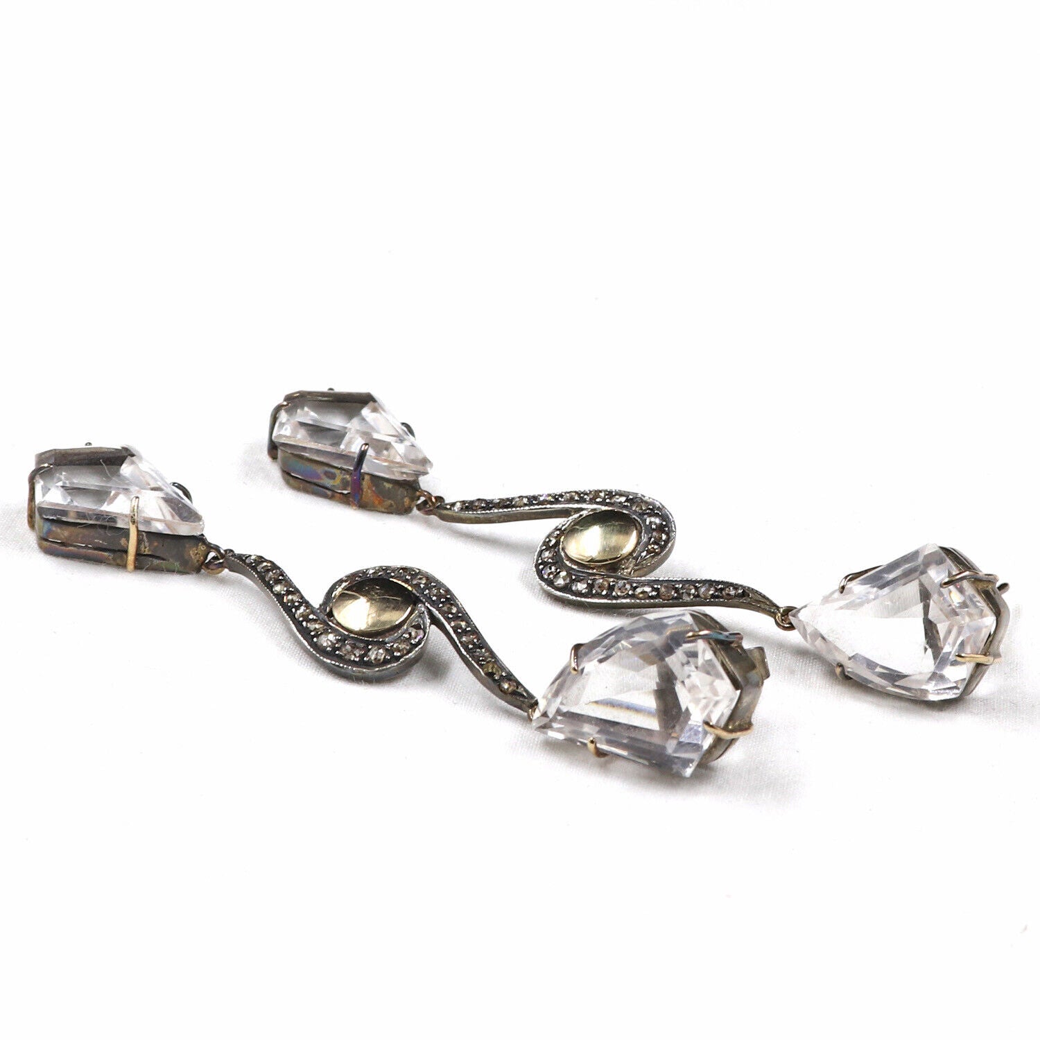 NATURAL ROCK CRYSTAL QUARTZ CARVED DIAMOND 18K GOLD 925 SILVER VICTORIAN EARRING