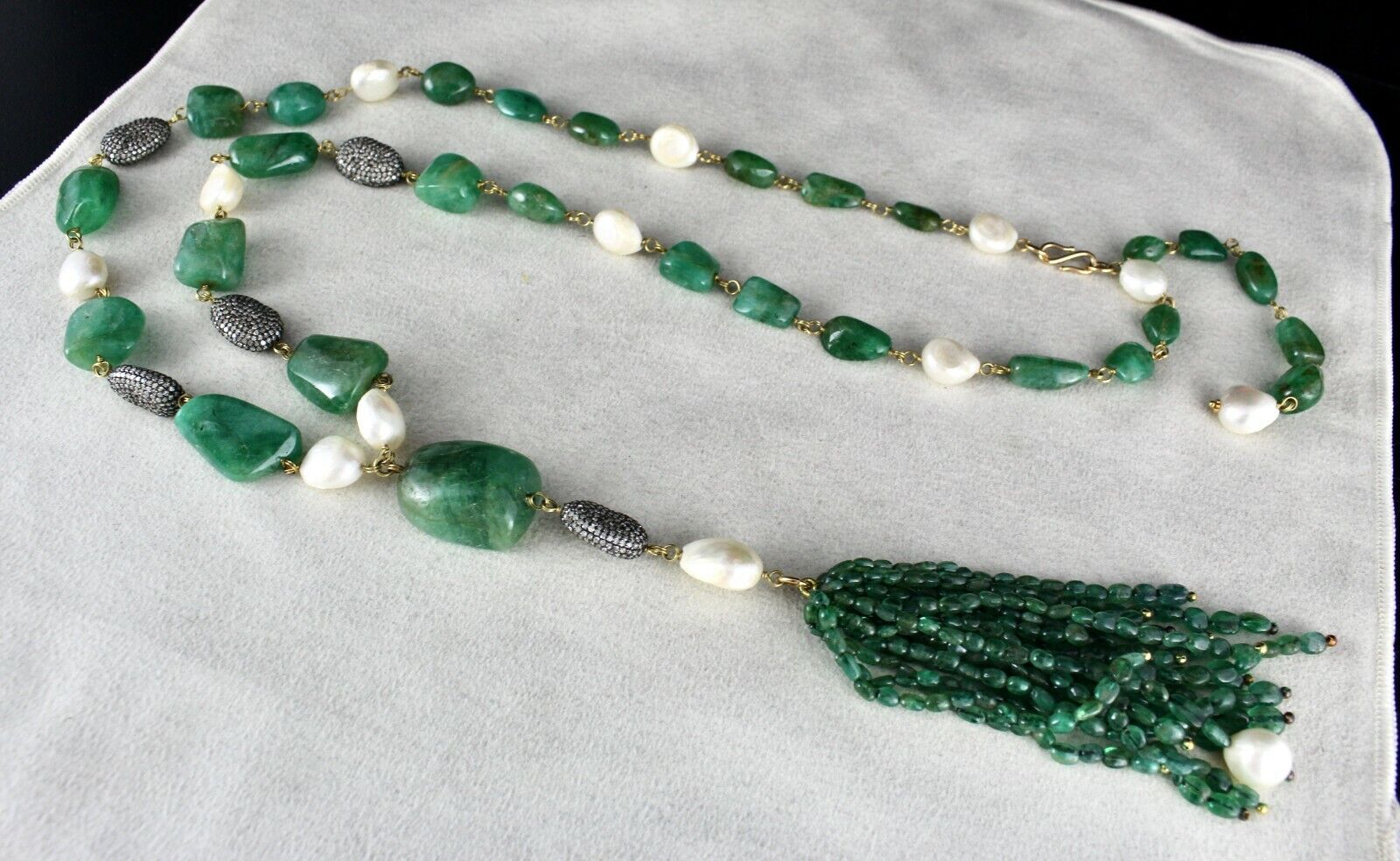 ESTATE NATURAL EMERALD TUMBLE BEADS DIAMOND PEARL 18K GOLD NECKLACE EARRING SET