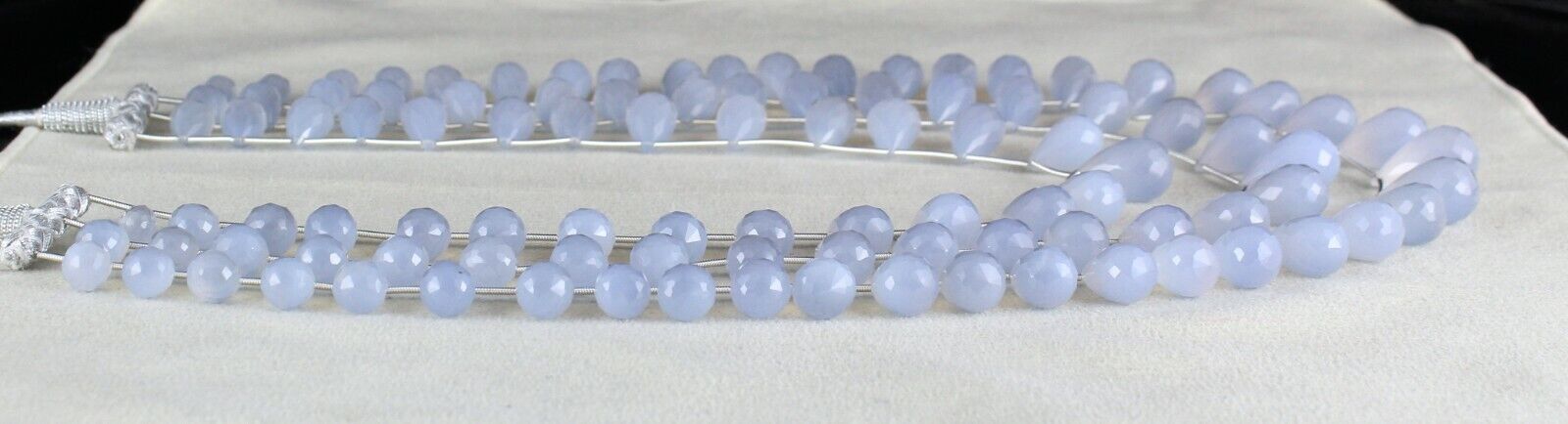 NATURAL BLUE CHALCEDONY BEADS TEARDROPS 3 LINE 814 CARATS GEMSTONE FINE NECKLACE